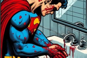 superman with blood on hi shands