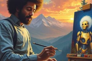 bob ross painting a portrait of a robot