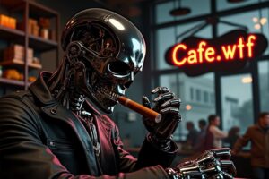 robot smoking cigar in cafe